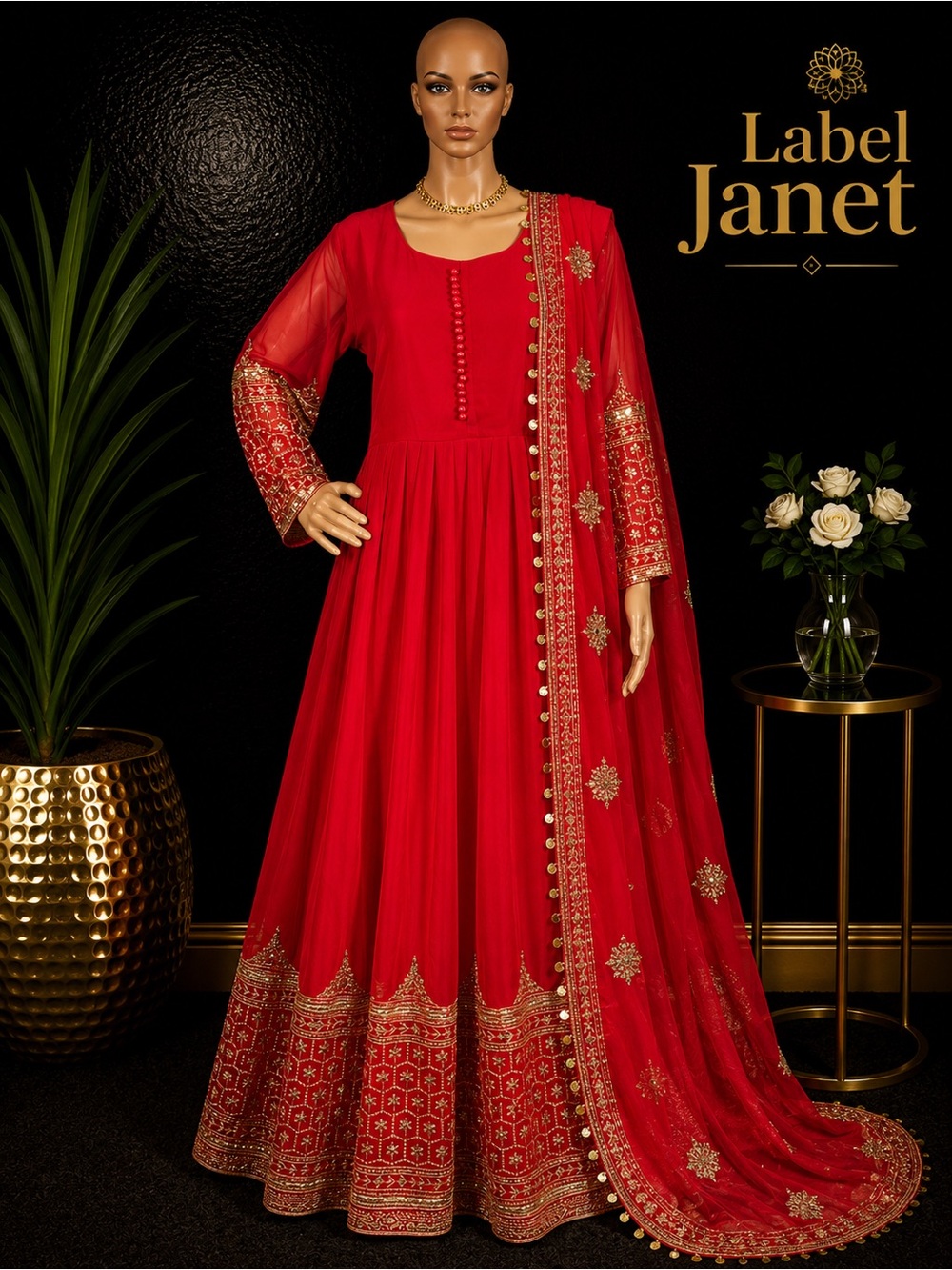 Brand new Red Embroidered Anarkali Dress with Dupatta (L up to XL)